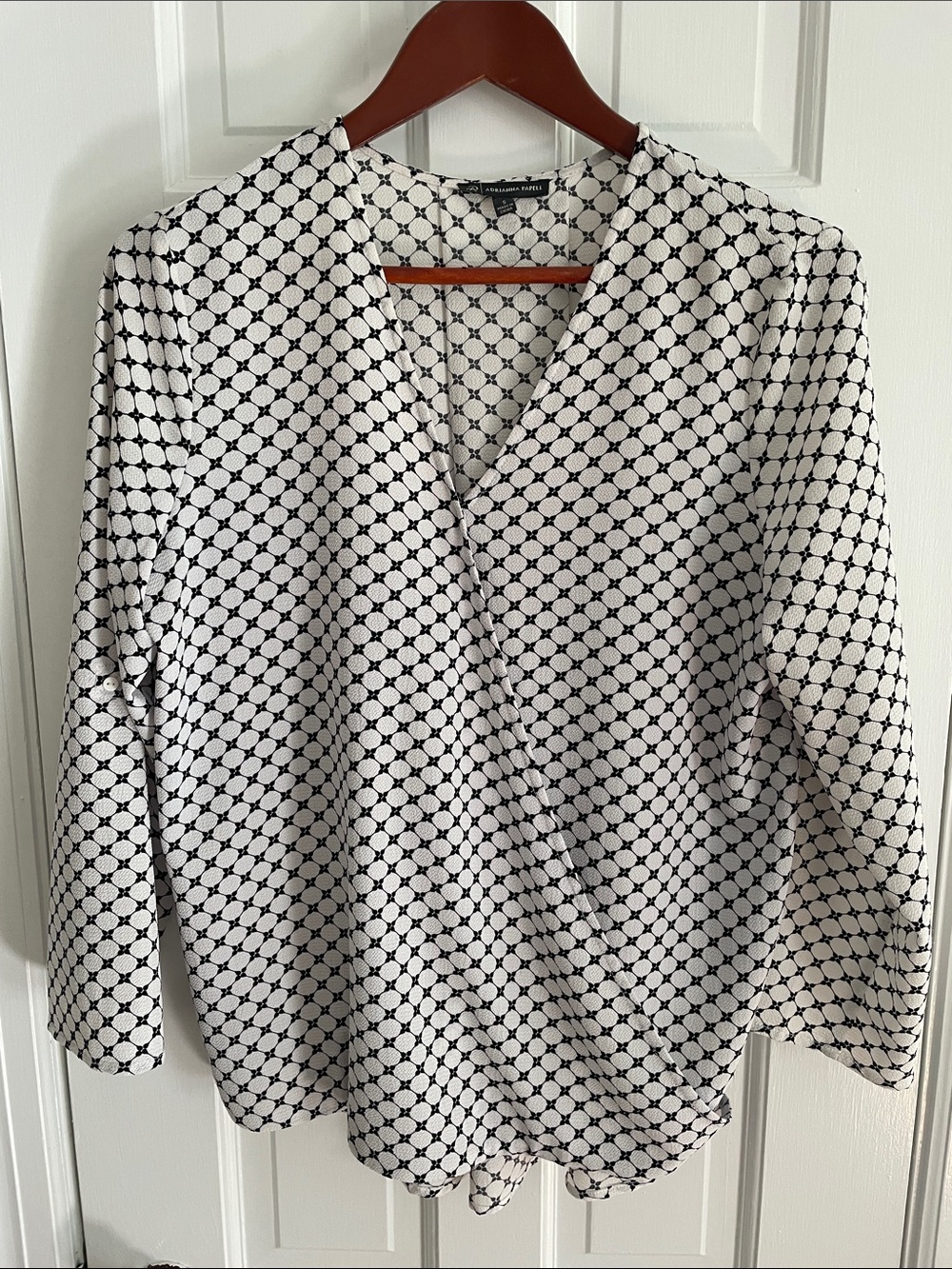 Adrianna Papell Black and White Geometric Faux-Wrap Blouse